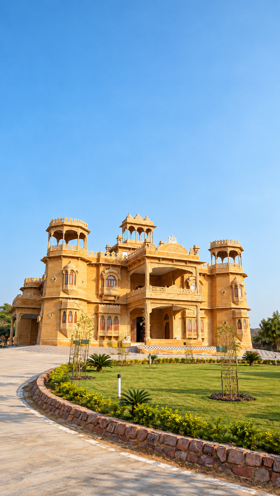 Angled view of Maalani Raj Heritage and its gardens